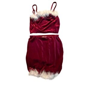 Wallflower Red Velvet Faux Fur Trim 2 Piece Set Cami Top Mini Skirt Medium